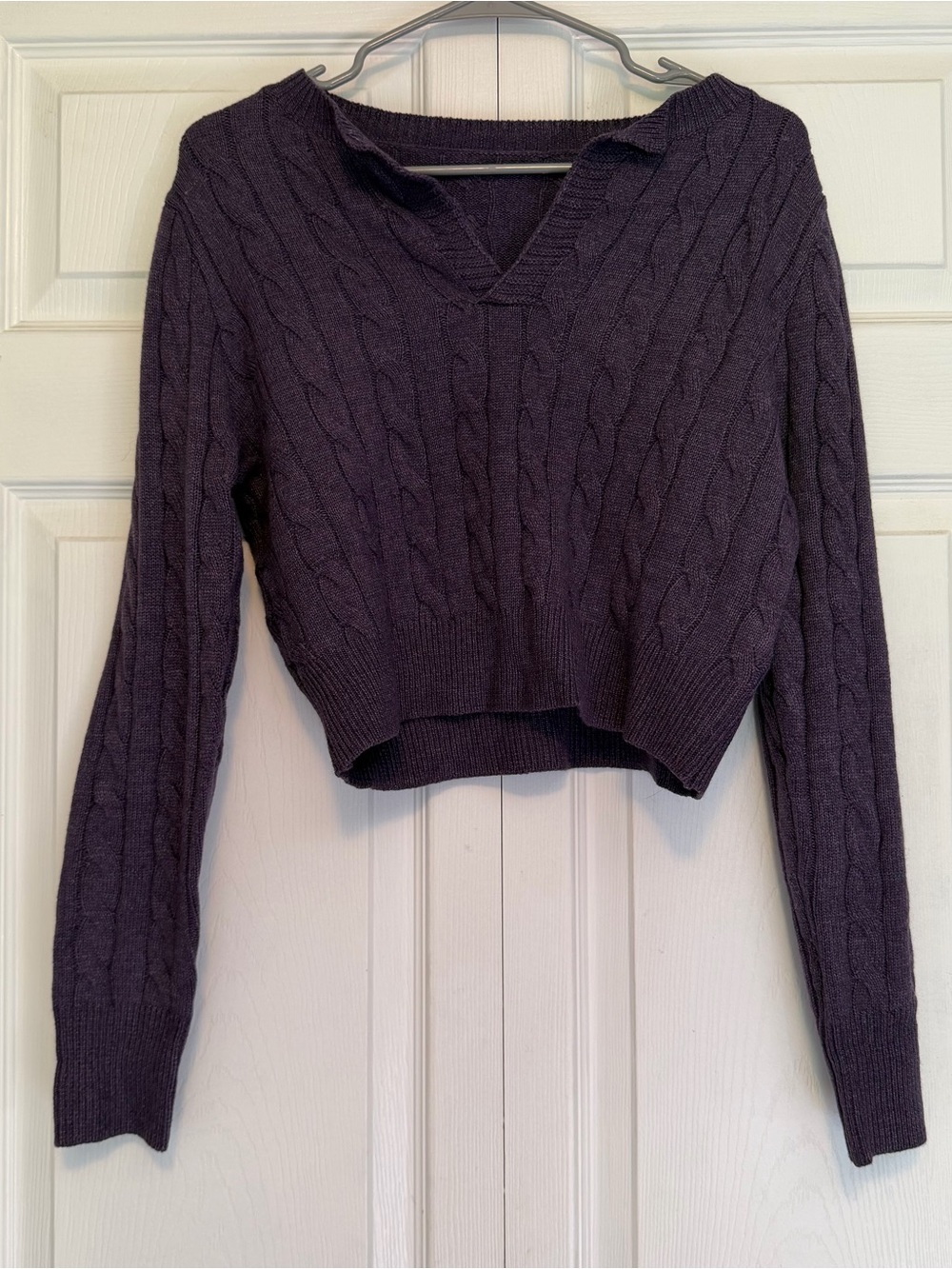 Cropped Cable-Knit V-Neck Sweater in Deep Plum
